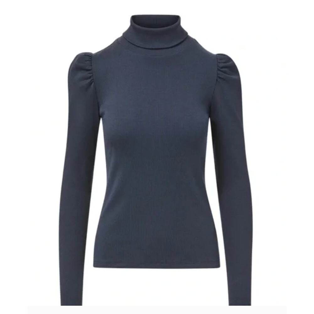 Veronica Beard Cedar Ribbed Puff Sleeve Turtleneck Navy Blue Medium Pima Cotton